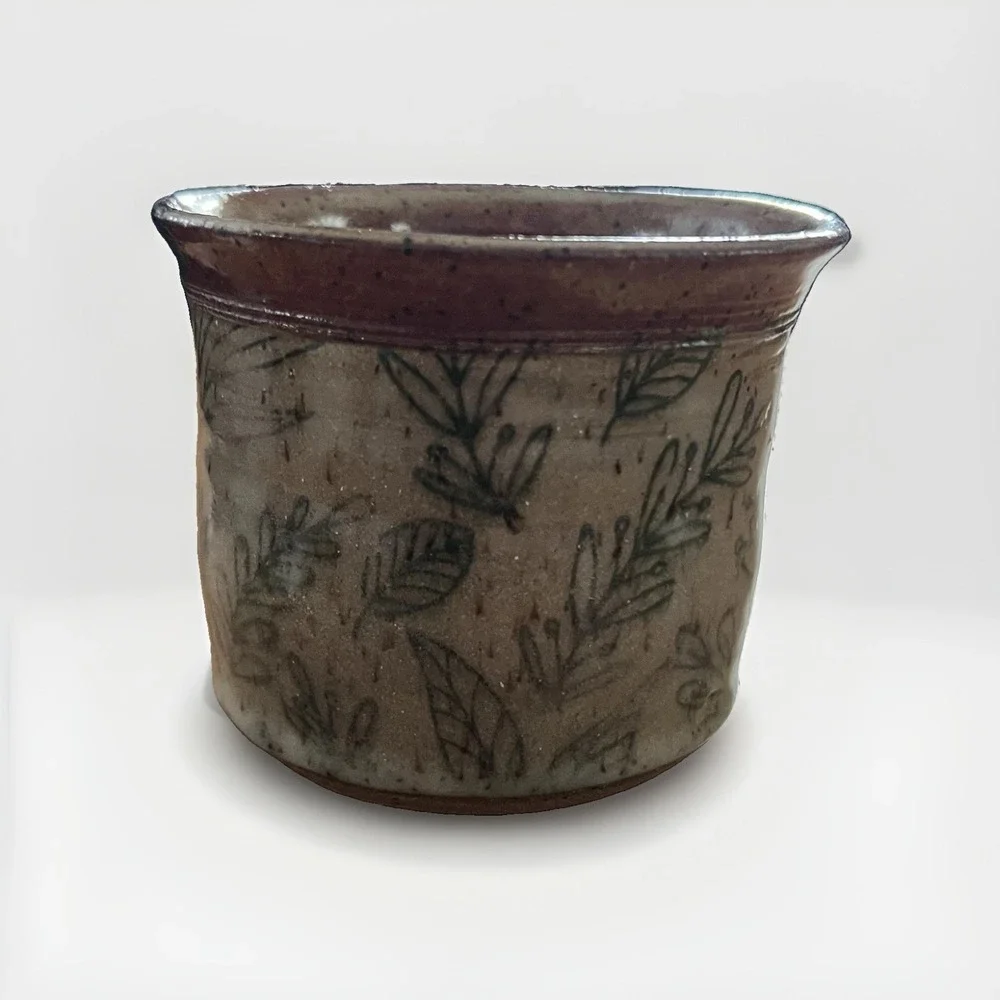 Handmade Studio Pottery Planter Crock Botanical Sgraffito Signed Artisan Boho